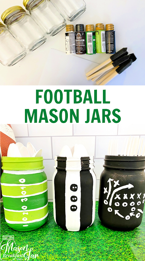 Are you hosting a Super Bowl party or football themed birthday party? These Mason Jar Football Centerpieces would be perfect for holding straws, utensils or another party supply item! Feel free to change up this Mason jar craft for another sports themed party. Instead of painting the jars as referees, a football field and a football game plan chalkboard, you can turn them into basketballs, baseballs, soccer balls and more! #masonjarcraftsdiy #masonjarideas #footballpartydecorations #footballpartyideas 