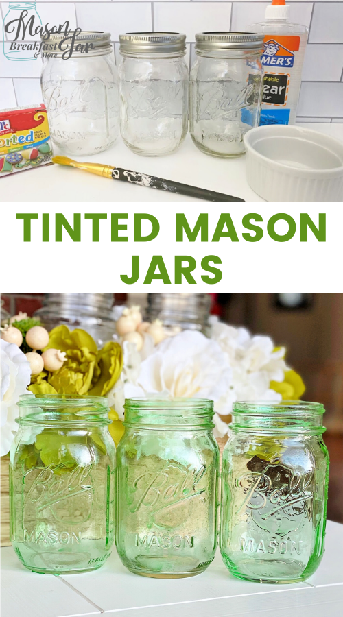 Do you want a simple yet stunning way to get your home ready for spring? Tinted Mason jars are an easy way to add a pop of color for any season. With just a few materials (Elmer’s clear glue, food coloring and a paint brush) you can turn a plain glass jar into a vintage looking masterpiece. Customize these DIY home décor crafts by changing the color to match your home’s décor. #tintedmasonjars #masonjarcrafts #masonjarcenterpieces #springdecor 