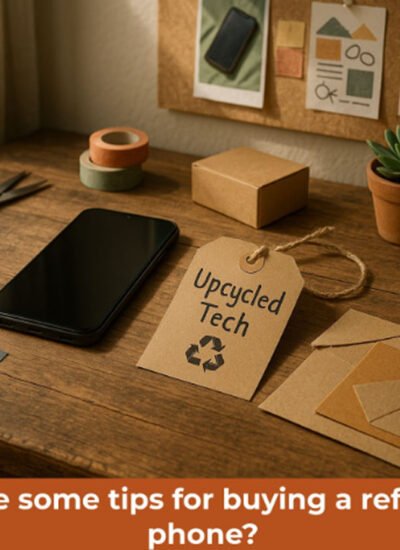Craft-inspired workspace featuring a refurbished phone, eco-friendly packaging, and colourful materials in natural daylight.