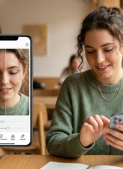 Smartphone screens displaying before-and-after portrait edits with free Facetune alternative apps
