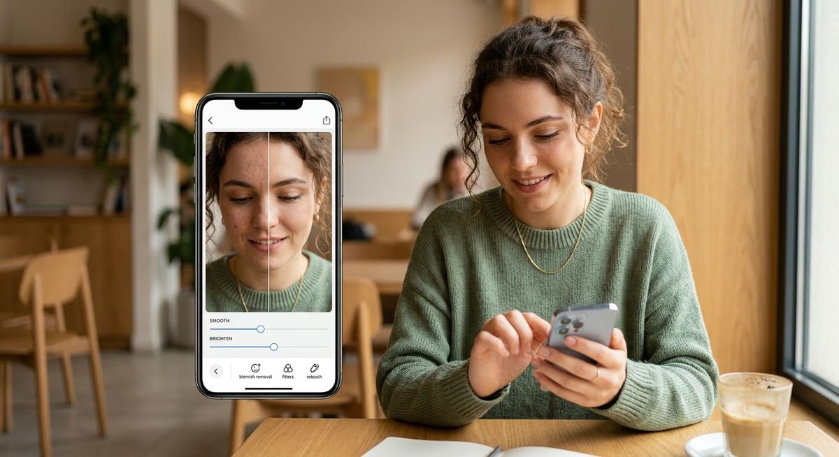 Smartphone screens displaying before-and-after portrait edits with free Facetune alternative apps