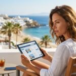 Loveholidays booking website on a laptop screen with a sunny beach destination visible, representing the holiday booking experience