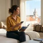 Laptop showing hotel booking comparison with magnifying glass icon representing legitimacy verification of Trivago Deals