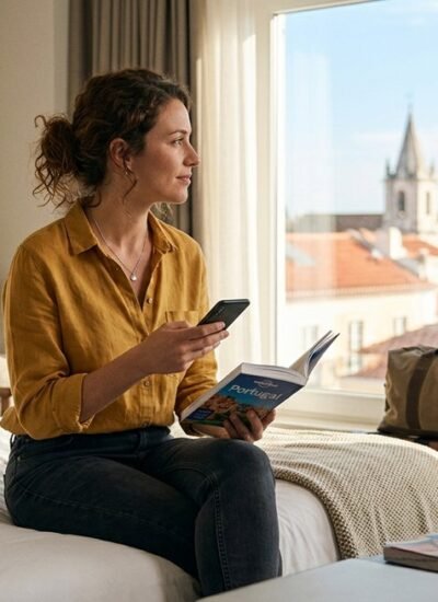 Laptop showing hotel booking comparison with magnifying glass icon representing legitimacy verification of Trivago Deals