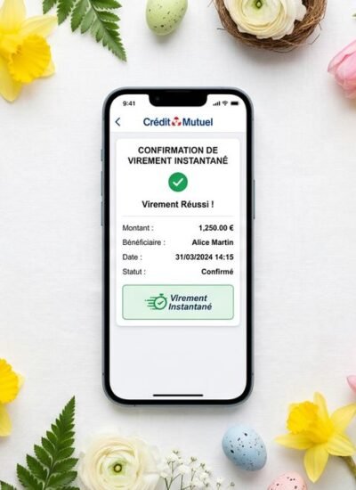 virement instantané alternative pâques 2026 — smartphone avec application bancaire et oeufs de Pâques symbolisant les paiements mobiles alternatifs