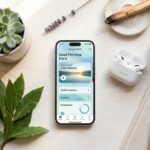 free apps like calm — smartphone displaying meditation app interface with green plants and soft morning light