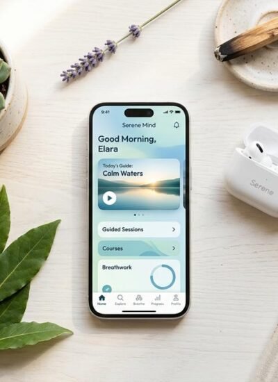 free apps like calm — smartphone displaying meditation app interface with green plants and soft morning light